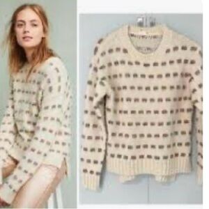 Moth Metallic Check Crew Neck Pullover Knit Sweater Cream Size Small